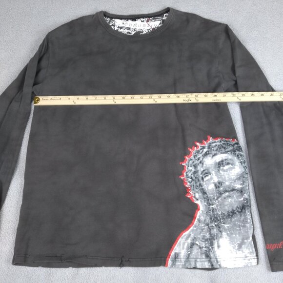 Dragonfly Jesus Graphic Long-Sleeve Tee Distressed Edges XL Cotton Mens Y2K - Picture 11 of 16